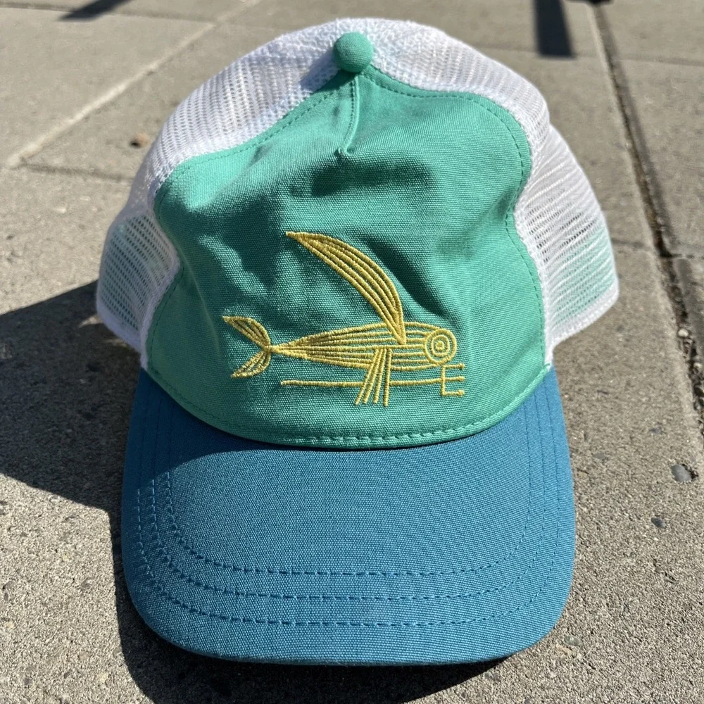 Patagonia Deconstructed Flying Fish Women's Trucker Hat, Green on Blue, Snapback